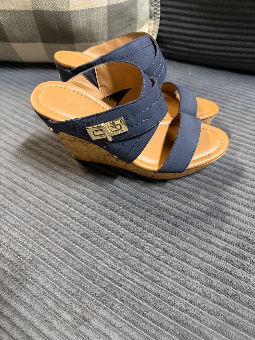 Navy Wedge Slide Sandals with Cork Heel